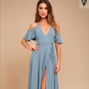 Lulus Blue Off the Shoulder Wrap Maxi Dress